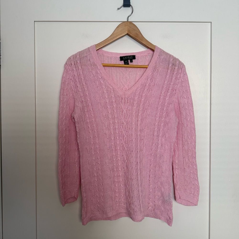 Lauren Ralph Lauren Sweater Top Womens Sz M Pink Cable Knit V Neck 100% Linen